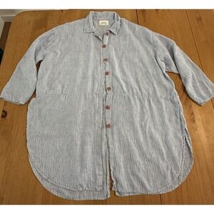 FLAX Jeanne Engelhart Button Up Tunic 100% Linen Medium Oversized Lagenlook Blue